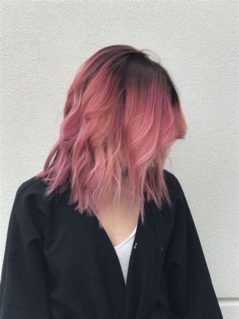 pink hair with dark roots|pastel pink dark hair.